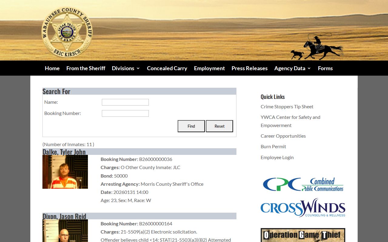 Wabaunsee County jail roster search and booking record fields