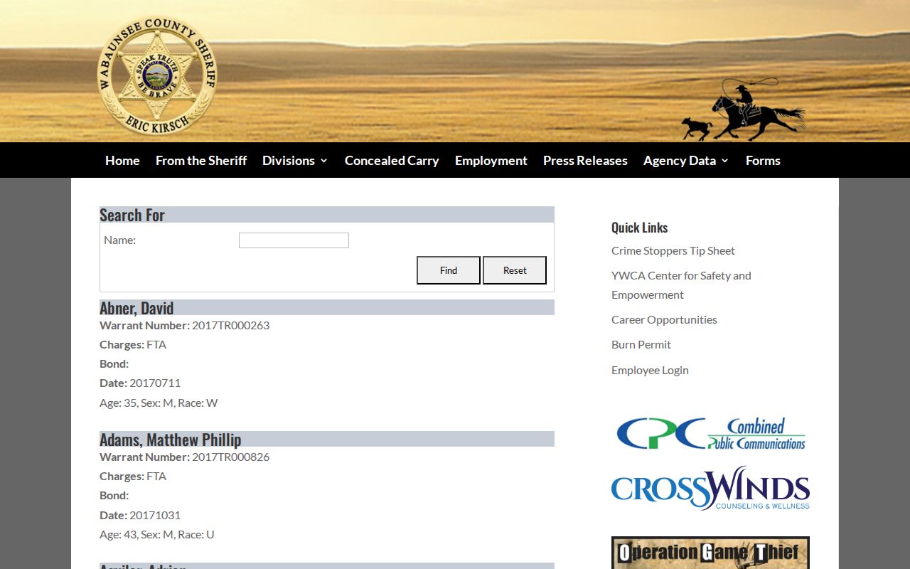 Wabaunsee County Sheriff's official text warrant search interface